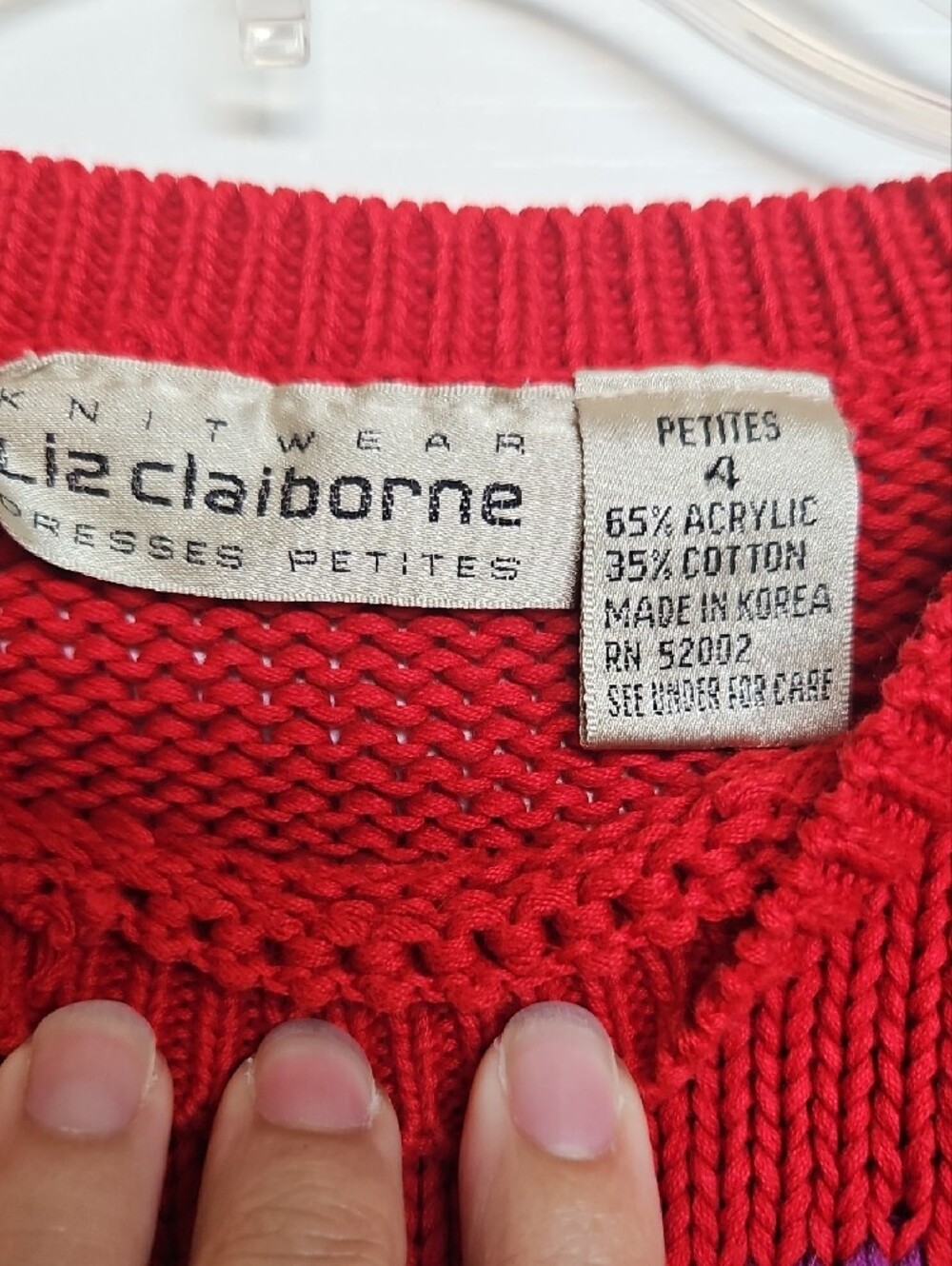 Vintage 90s Liz Claiborne Hand Knit Sweater Grandmacore 4P Red Floral Chic - Picture 3 of 6
